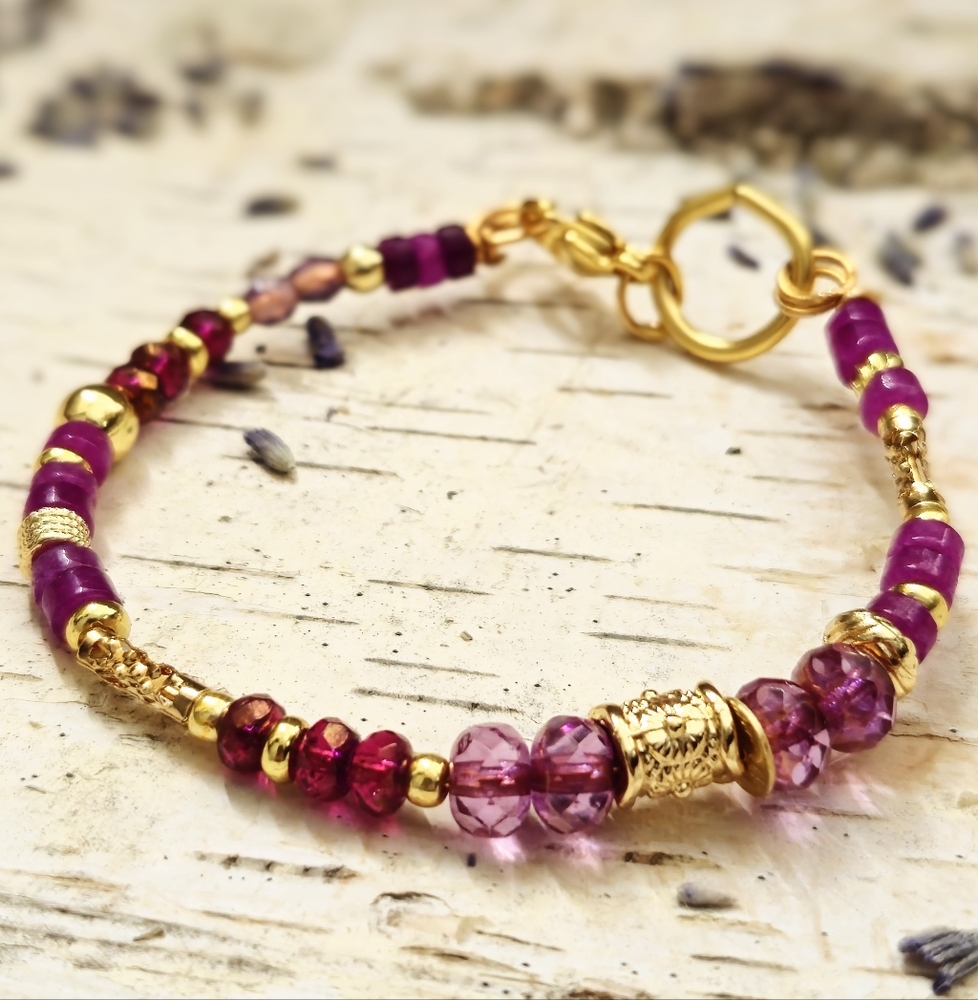Fuchsia Agate And Glass In Artisan 18K Gold Plated Bracelet